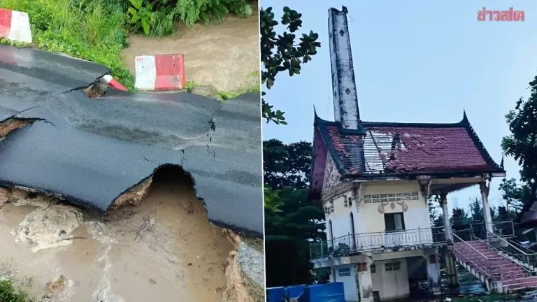 Heavy Rain Erodes Khanom Detour Road; Lightning Destroys Temple Spire