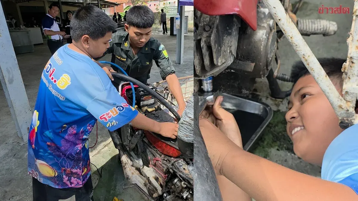 10-Year-Old Boy Volunteers to Repair Flood-Damaged Motorbikes in Rayong