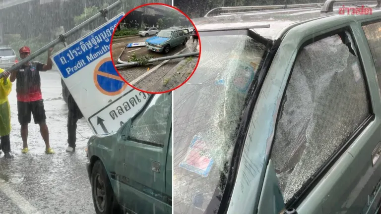 Traffic Sign Falls on Car in Bangkok, Owner Seeks Compensation
